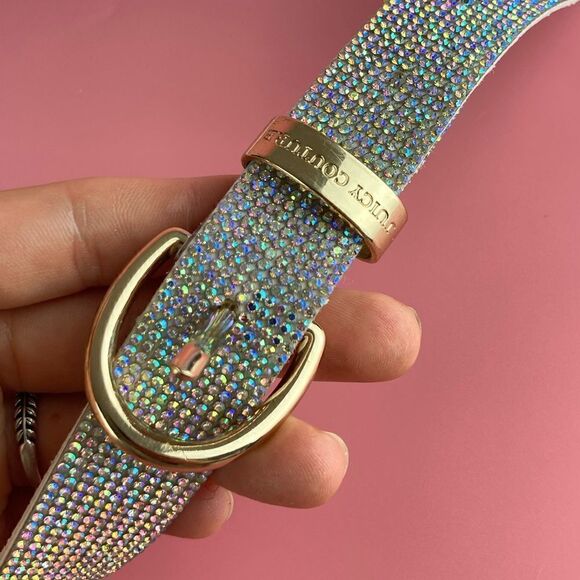 JUICY COUTURE SILVER RHINESTONES GOLD BUCKLE WHITE LEATHER BELT - Picture 3 of 7